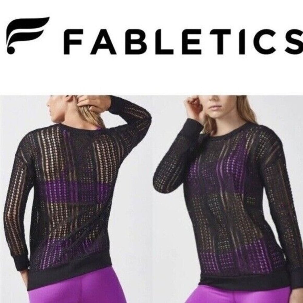 Fabletics Sophie Black Open Knit Crochet Long Sleeve Pullover Top Sz Medium - Picture 10 of 12